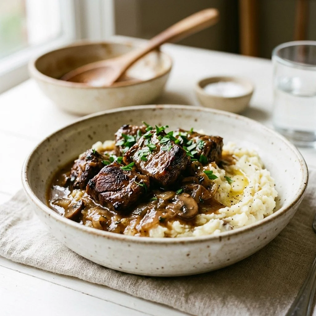 Delicious slow cooker beef tips served on a plate with vegetables
