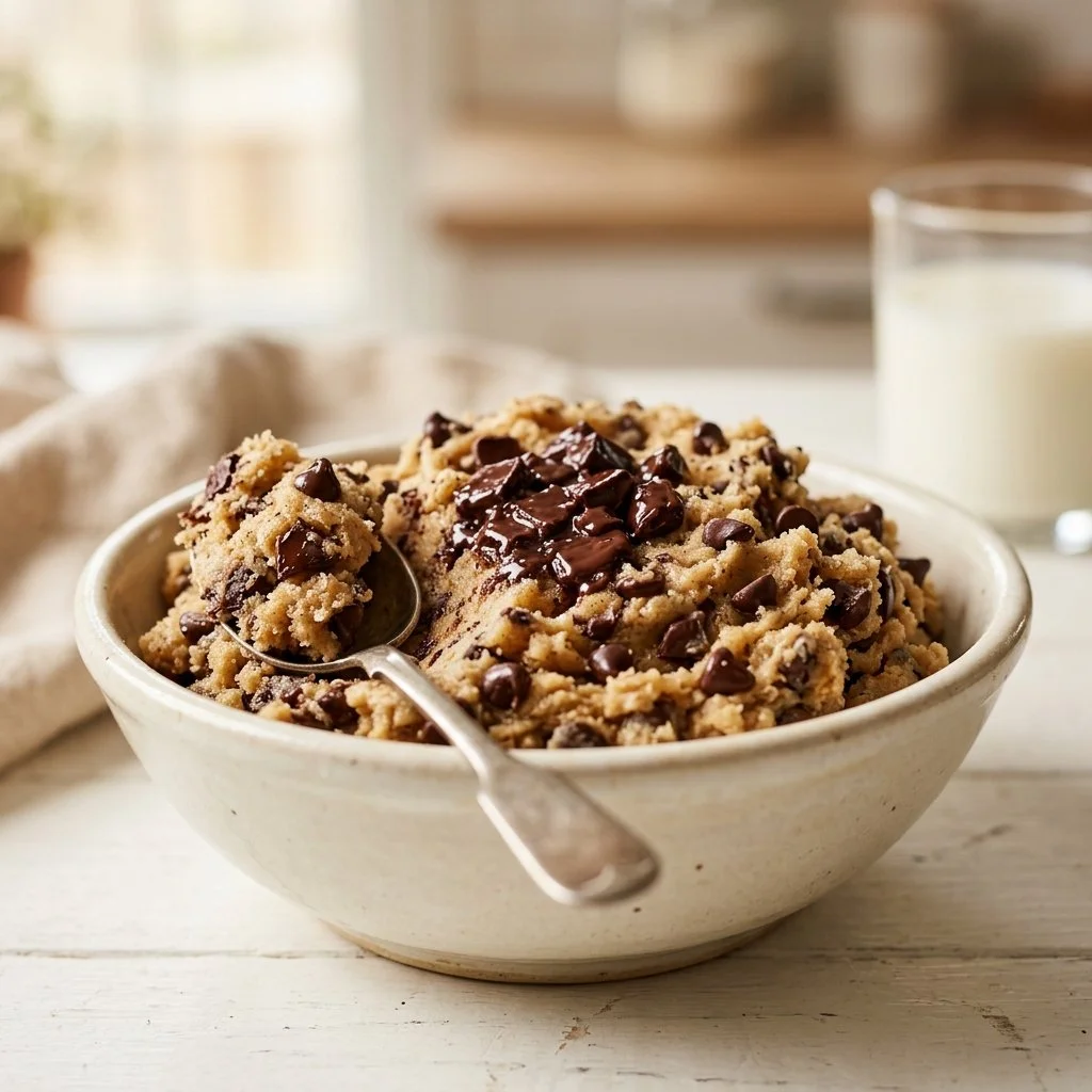 Bowl of edible cookie dough with chocolate chips and a spoon