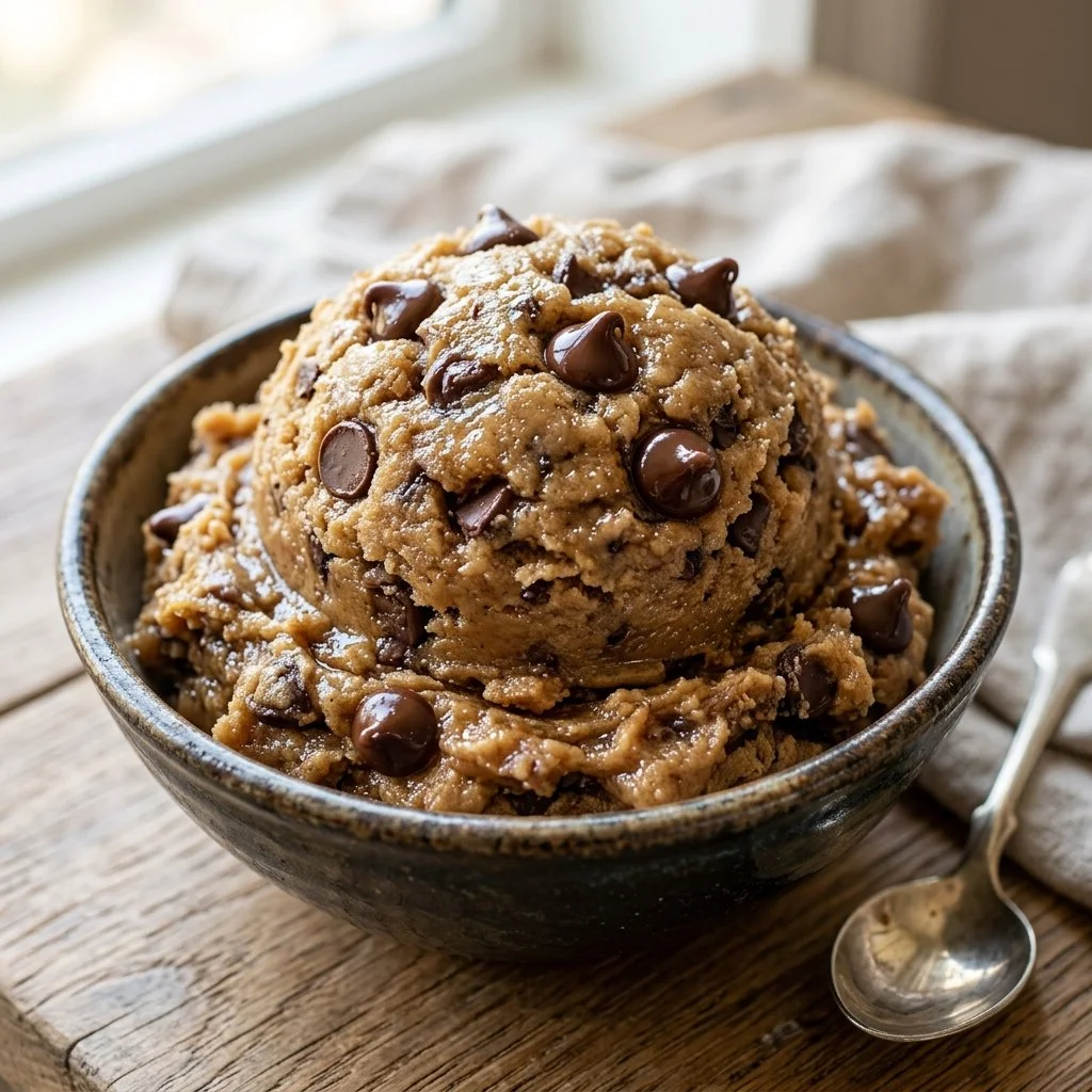 Delicious edible cookie dough in a bowl with chocolate chips and sprinkles.