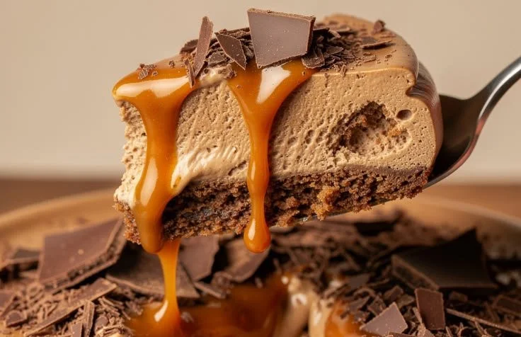 Delicious slice of espresso cheesecake topped with cocoa powder