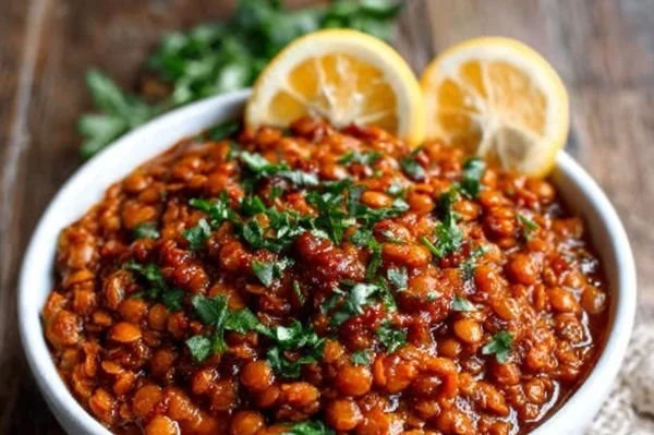 Bowl of Ethiopian Berbere Lentil Stew with spices and herbs garnished on top.