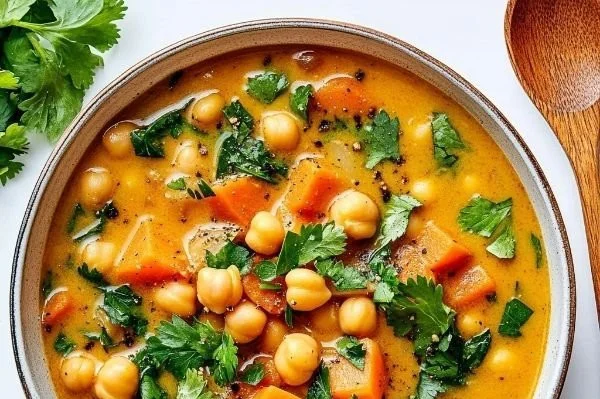 Bowl of fast 20-minute chickpea soup garnished with herbs