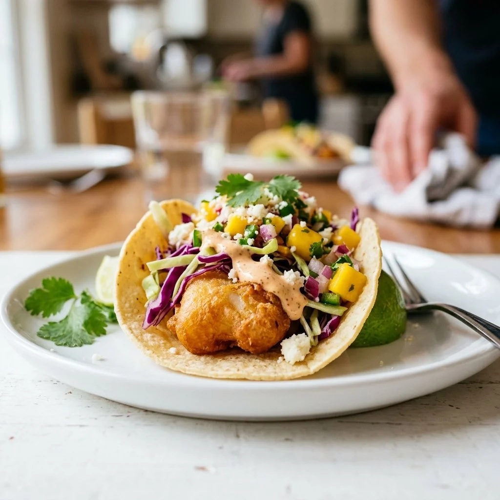 Delicious fish tacos topped with fresh ingredients and lime on a rustic plate.
