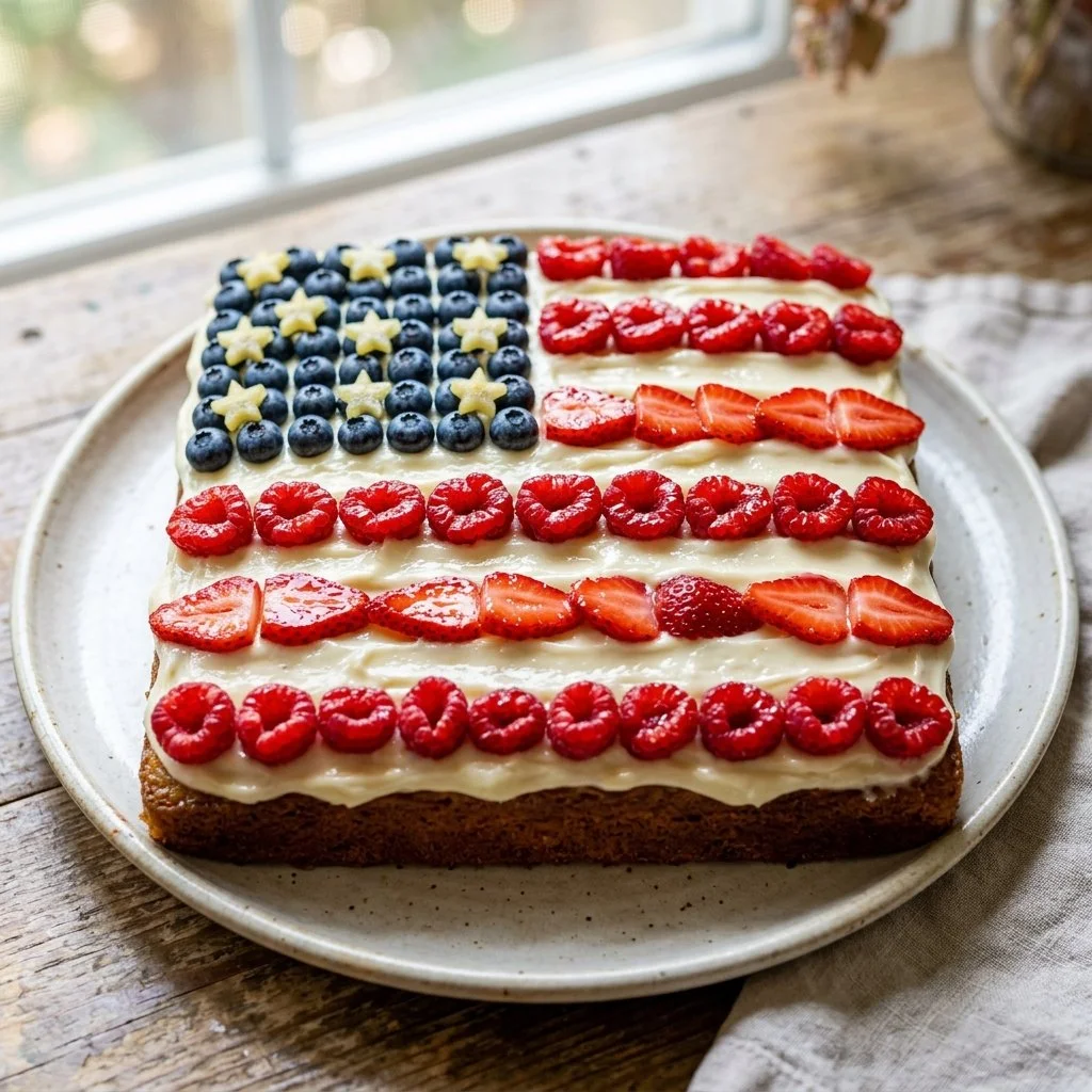 Festive Flag Cake decorated with berries and frosting for a patriotic celebration