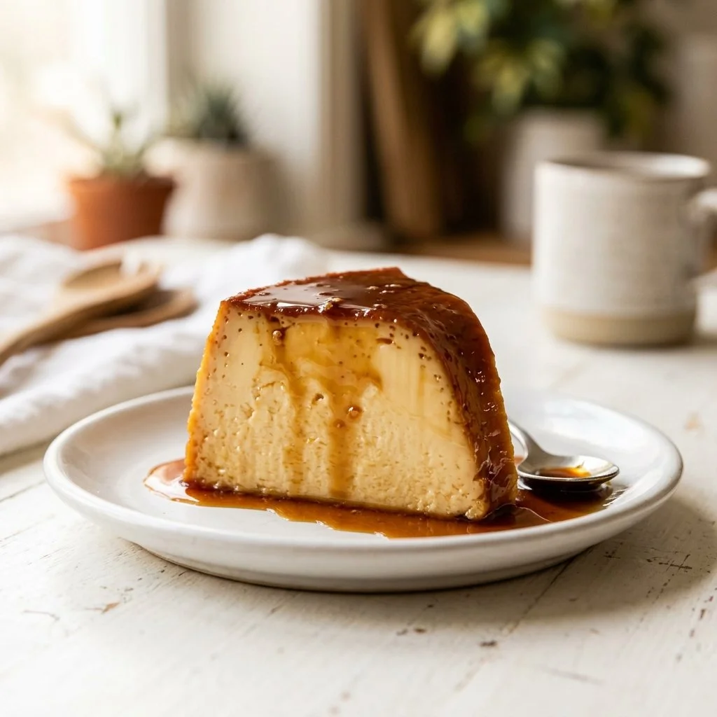 Delicious caramel flan dessert with a smooth creamy texture.