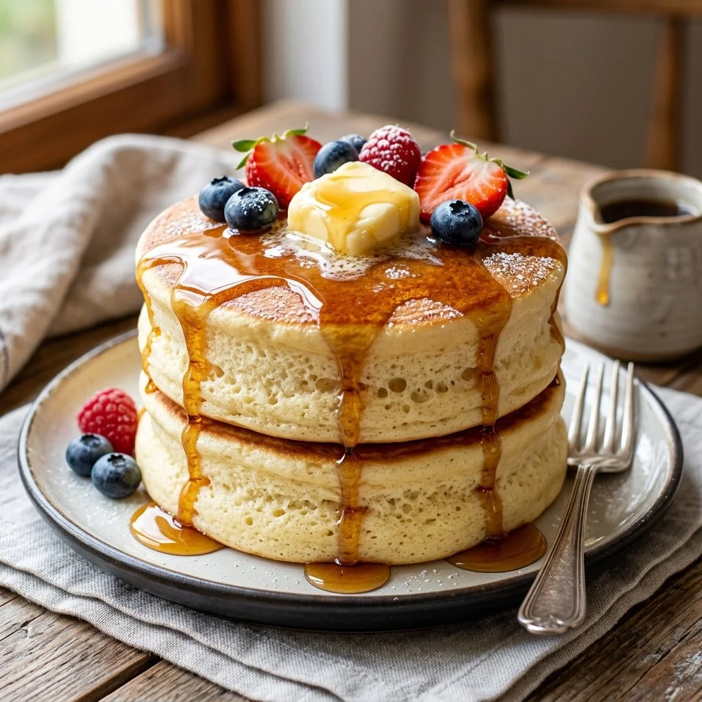 Stack of fluffy Japanese pancakes topped with syrup and berries