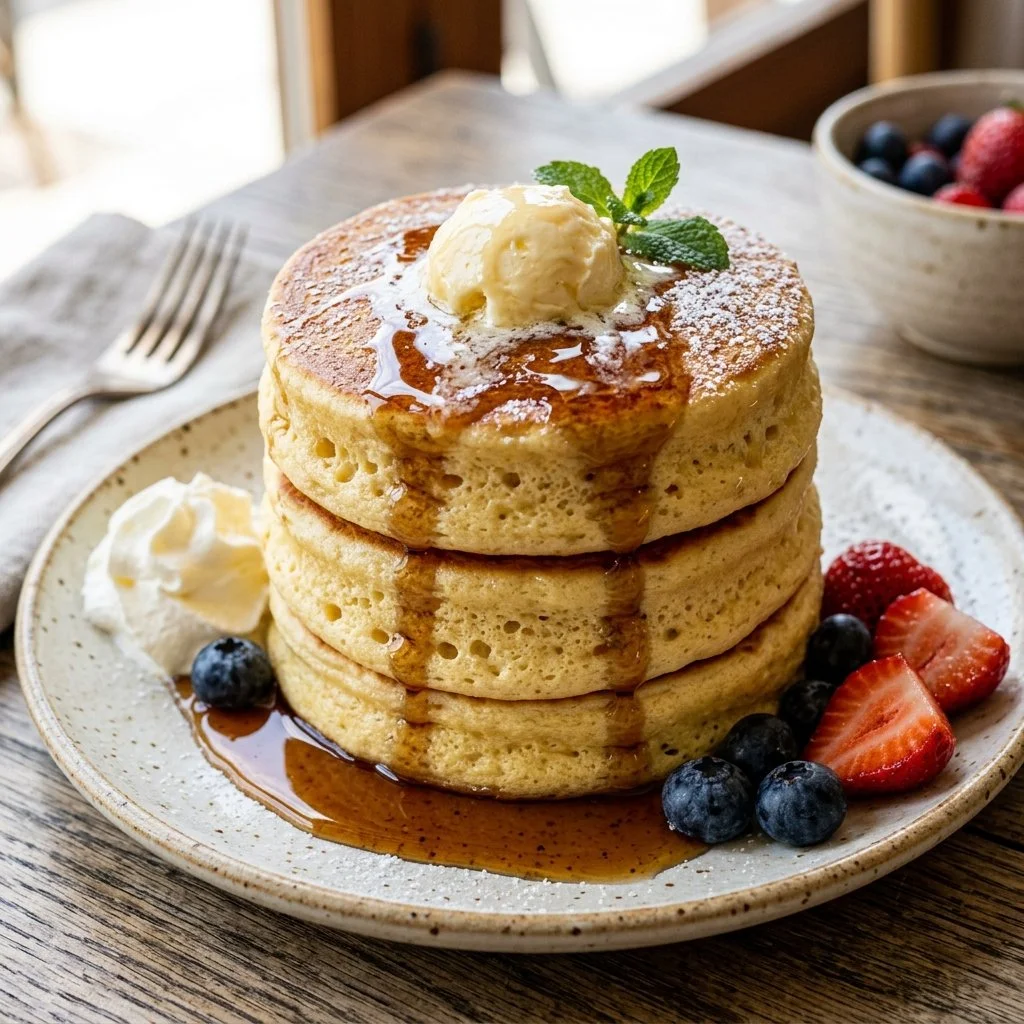 Fluffy Japanese pancakes stacked and topped with syrup and berries