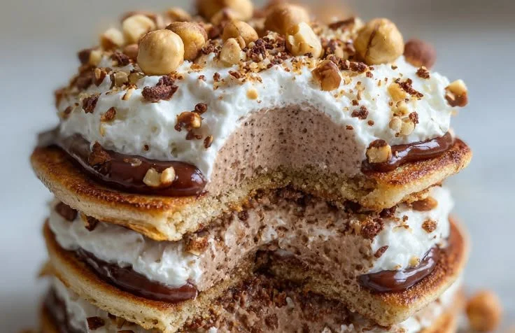 Fluffy pancakes drizzled with chocolate hazelnut spread on a plate