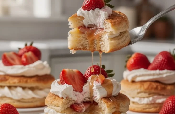 Fluffy strawberry biscuit stacks topped with fresh strawberries on a plate.