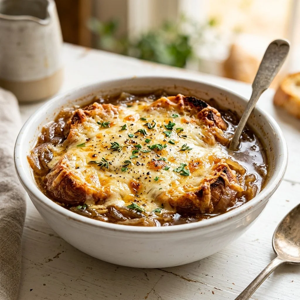 Delicious bowl of French Onion Soup topped with gooey melted cheese and croutons