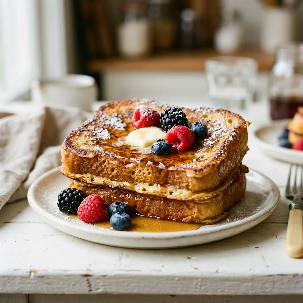 Golden brown French Toast topped with syrup and fresh berries