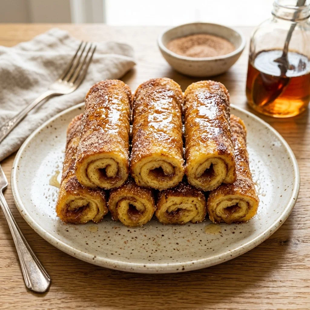 Delicious French Toast Roll Ups filled with cinnamon and cream cheese on a plate