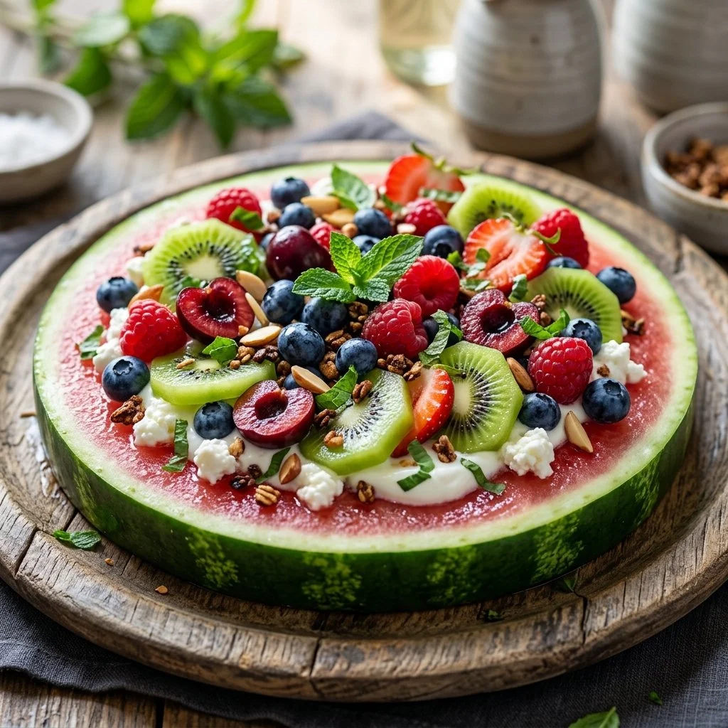 A vibrant slice of fresh watermelon pizza topped with feta and mint
