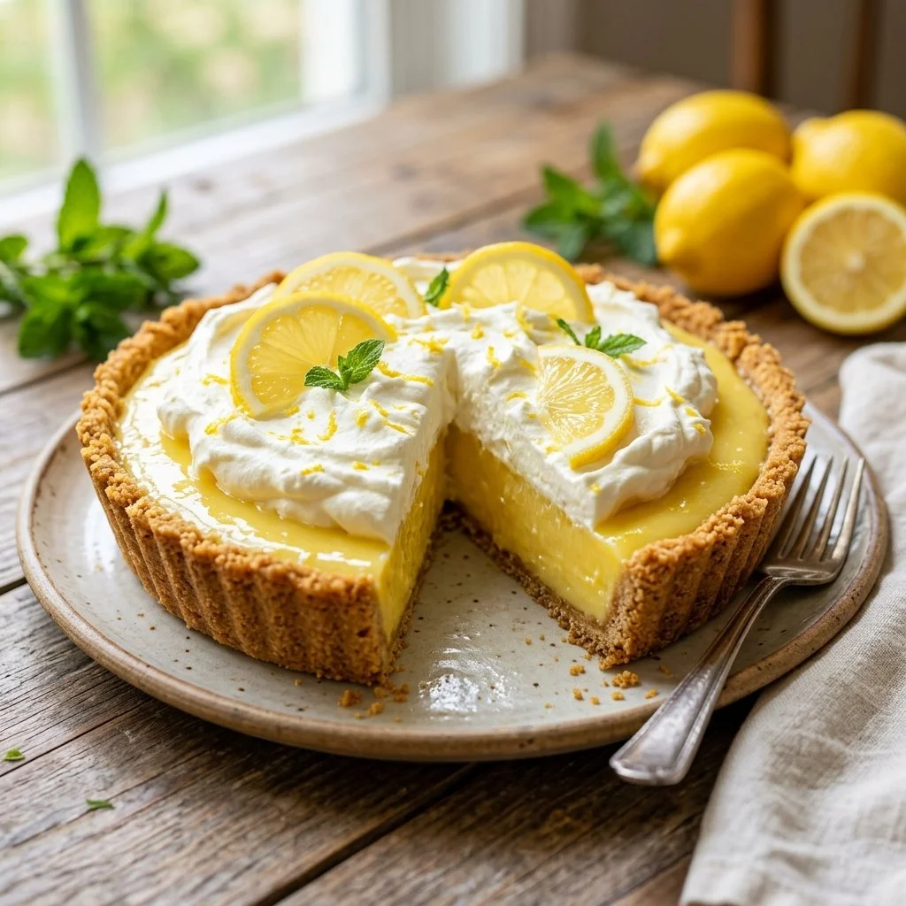 Delicious and refreshing frozen lemonade pie served in a glass dish