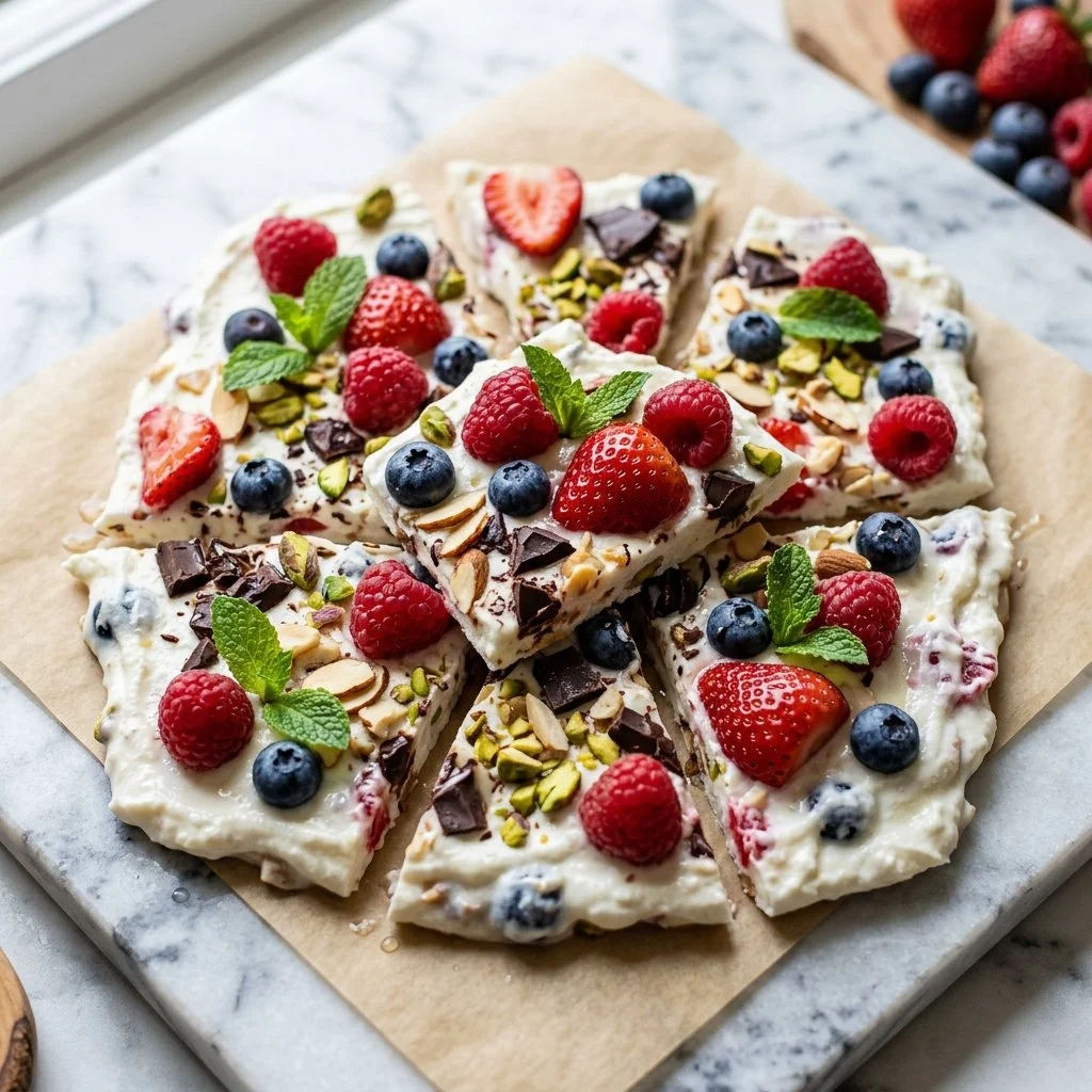 Delicious frozen yogurt bark topped with fruits and nuts, a healthy dessert option.