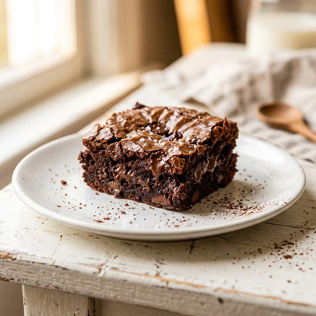Delicious plate of fudgy brownies topped with chocolate drizzle and nuts