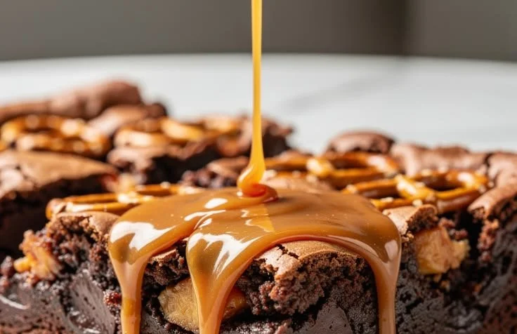Fudgy brownies topped with caramel sauce and crunchy pretzels