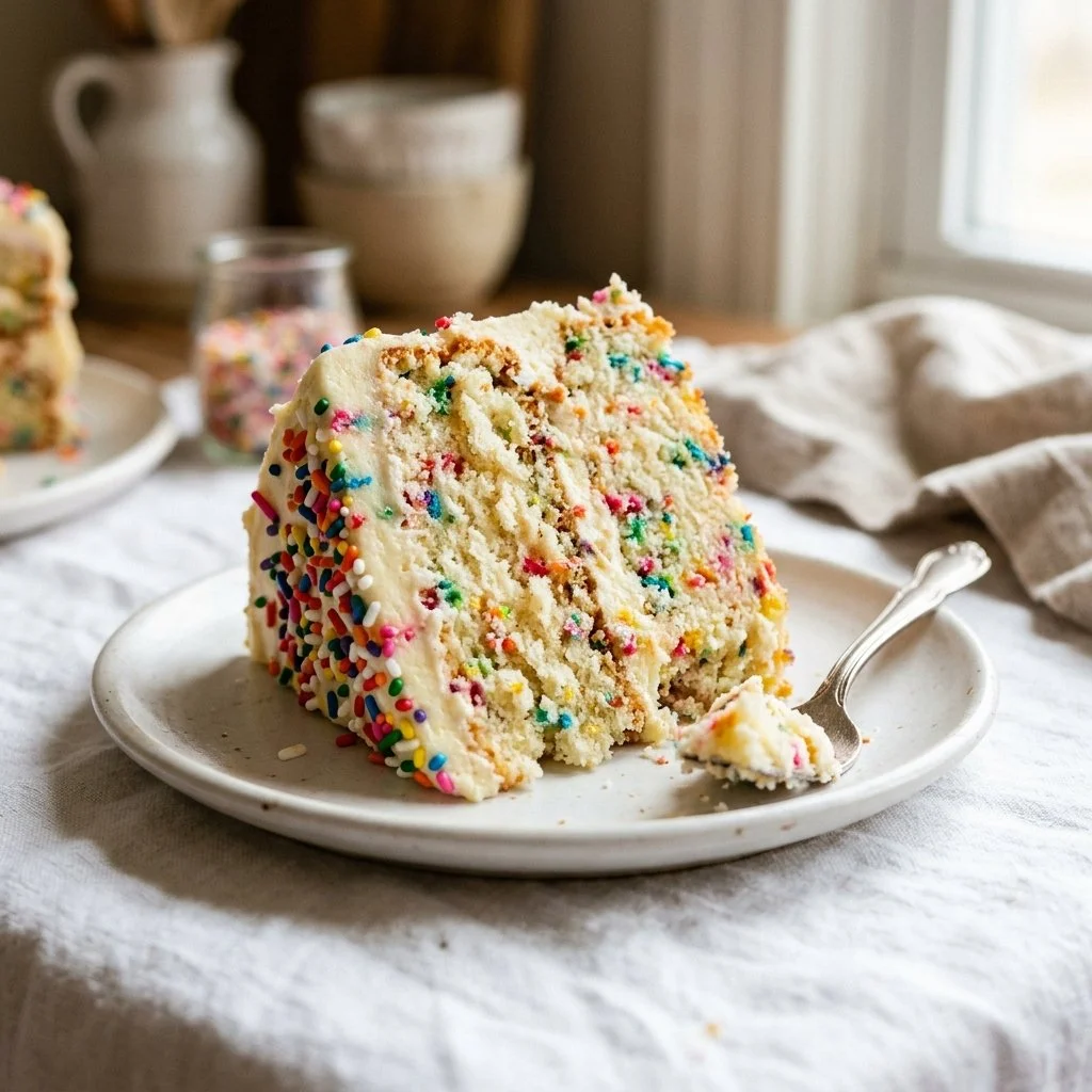 Delicious Funfetti Cake with colorful sprinkles on top