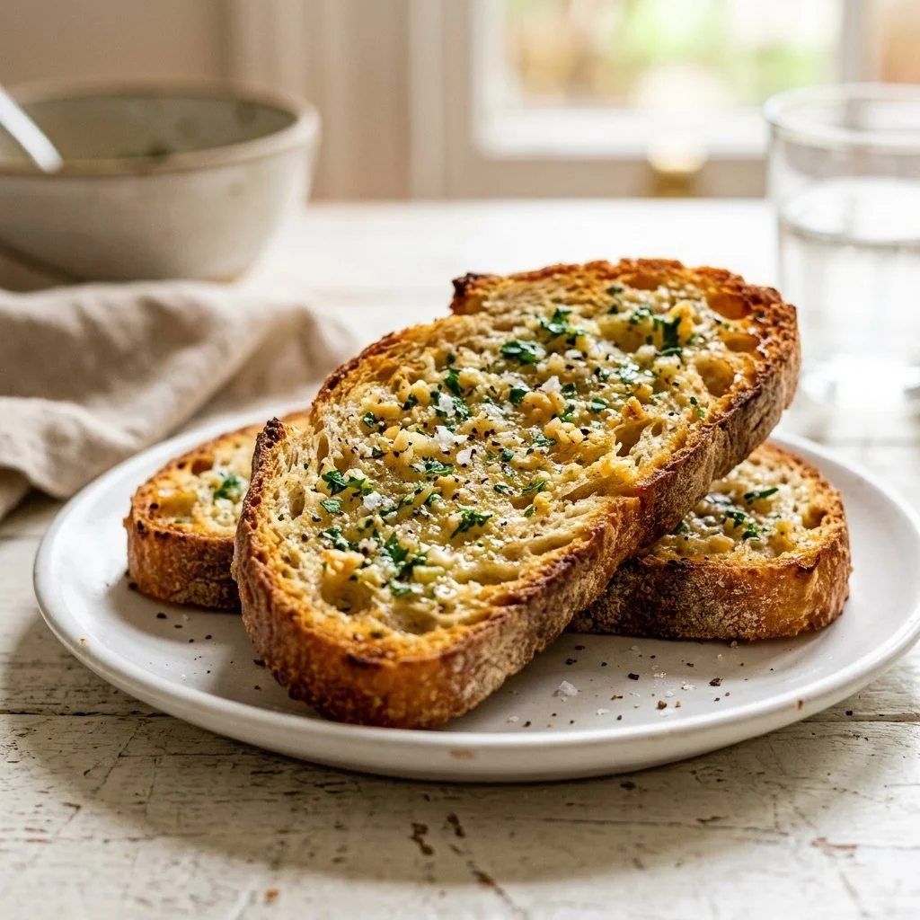 Freshly baked garlic bread with herbs and butter