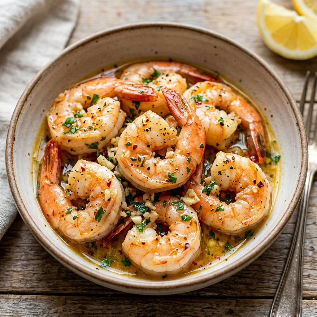 Plate of Garlic Butter Shrimp garnished with herbs and lemon