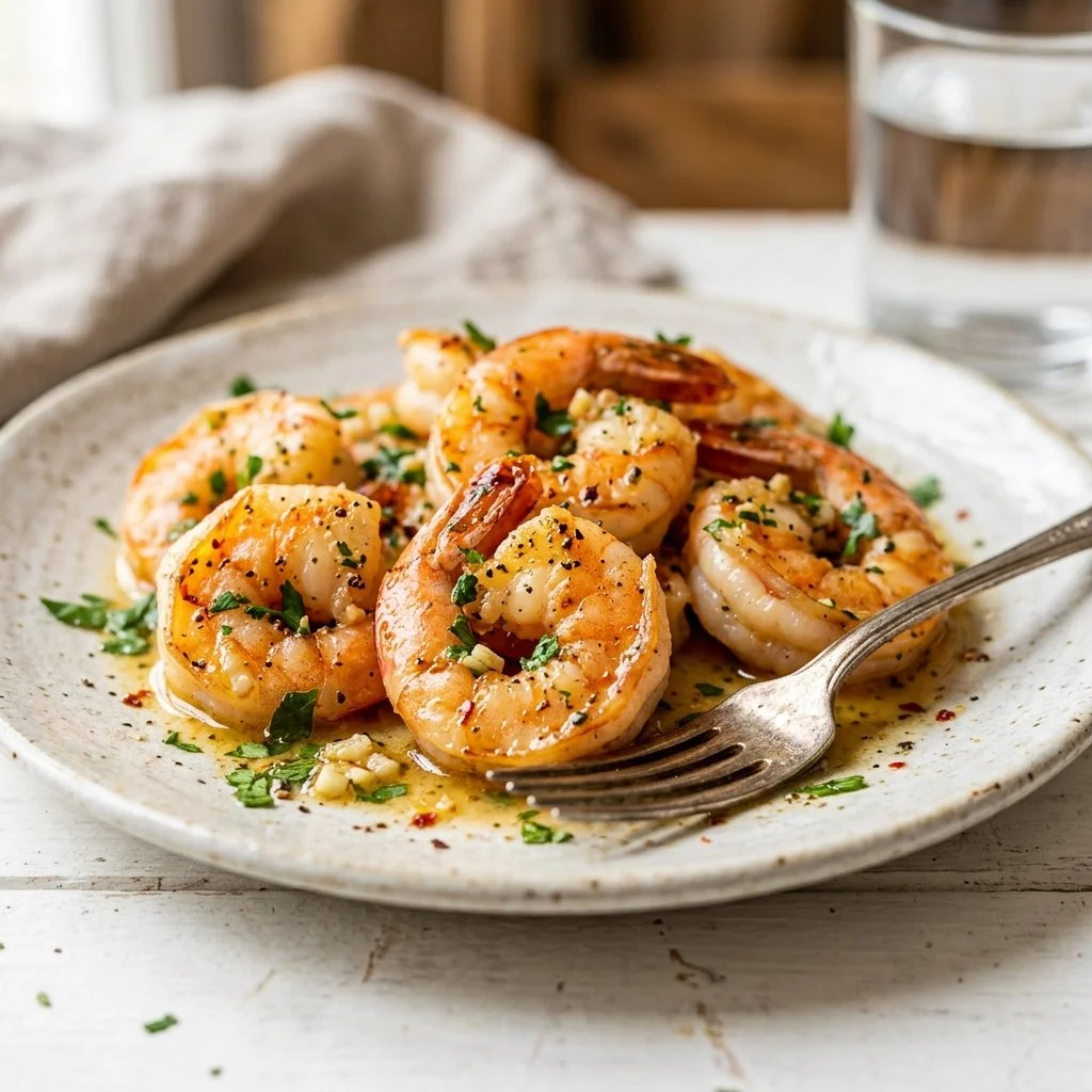 Delicious garlic butter shrimp served on a plate with herbs.