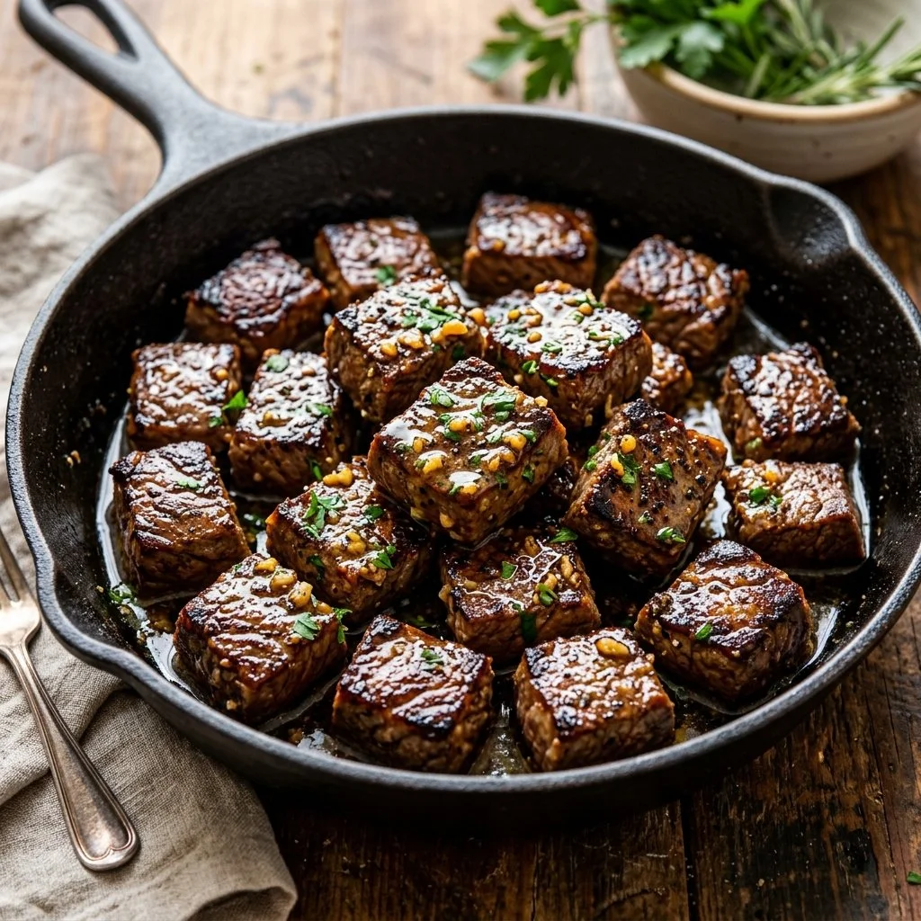 Delicious garlic butter steak bites served in a skillet