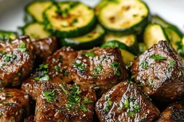 Garlic Butter Steak Bites served with Zucchini on a plate