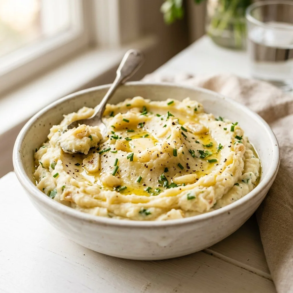 Delicious garlic mashed potatoes served in a bowl, garnished with herbs.