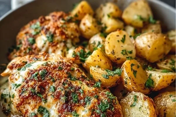 Garlic Parmesan Chicken with roasted potatoes served on a plate
