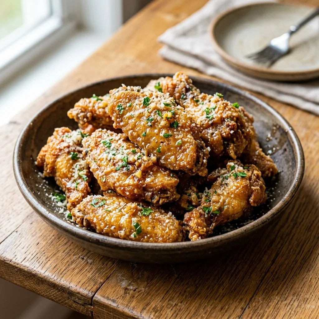 Crispy Garlic Parmesan Wings garnished with herbs on a platter
