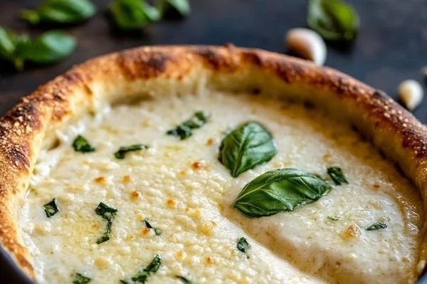 Delicious Garlic White Sauce Pizza topped with fresh ingredients and herbs