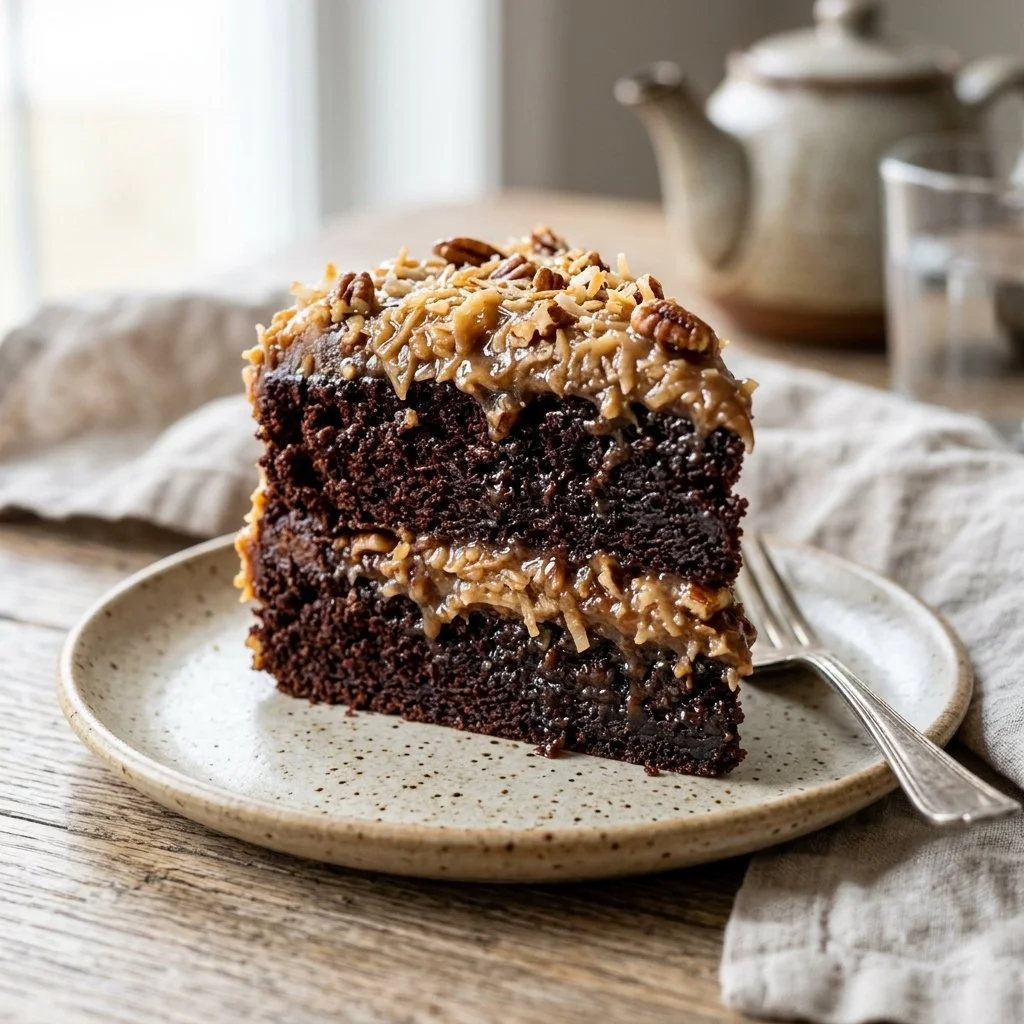 Delicious slice of homemade German Chocolate Cake with coconut-pecan frosting