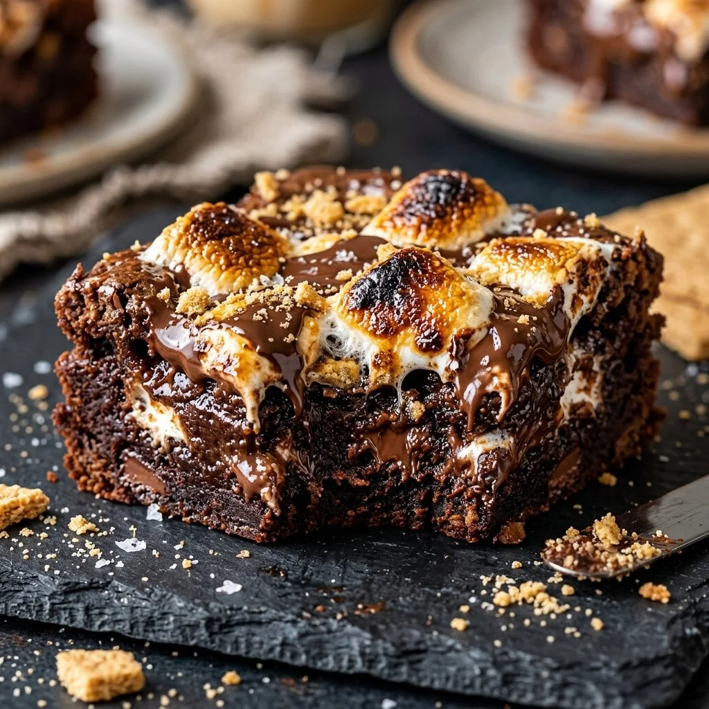 Gooey S'mores Brownies with chocolate, marshmallows, and graham crackers