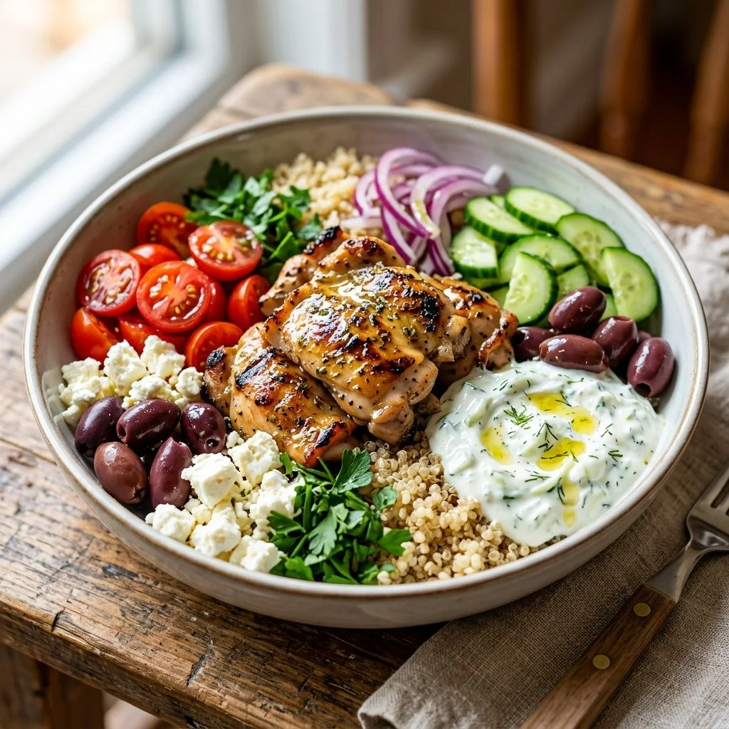Delicious Greek Chicken Bowl with fresh vegetables and quinoa