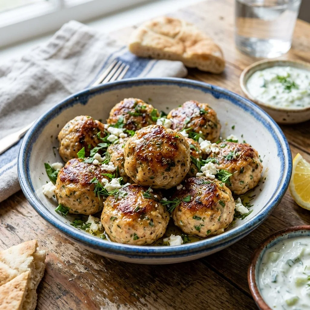 Plate of Greek Chicken Meatballs garnished with herbs and lemon slices