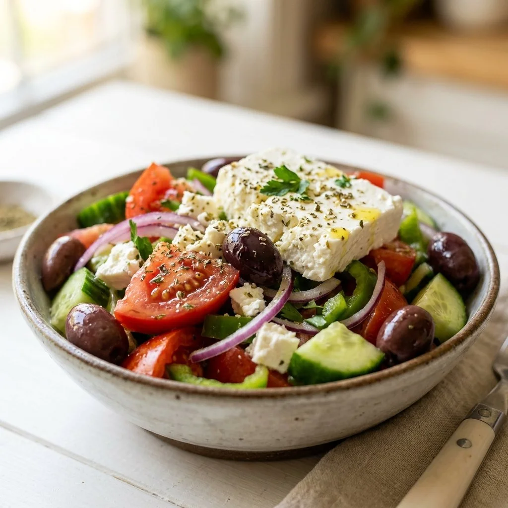 Colorful Greek Salad with fresh vegetables, feta cheese, and olives