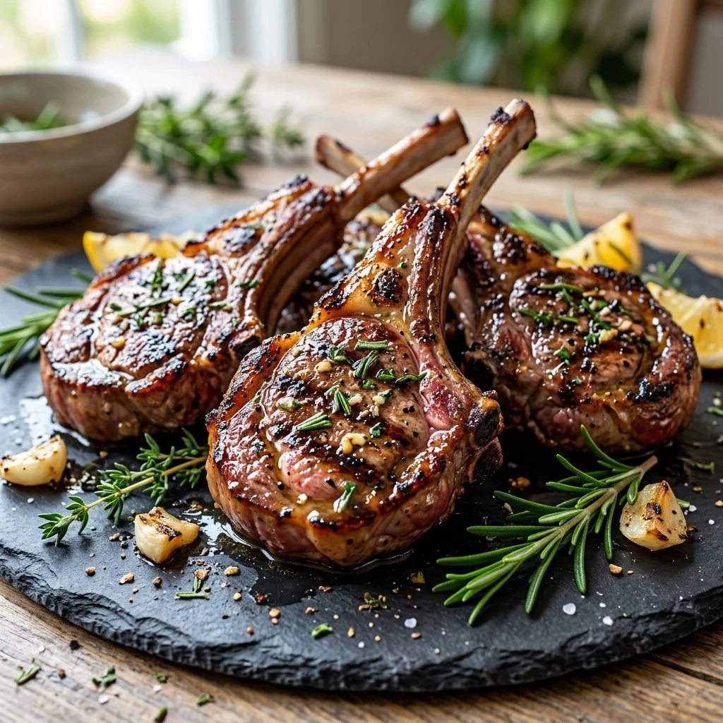 Delicious grilled lamb chops served on a plate with herbs