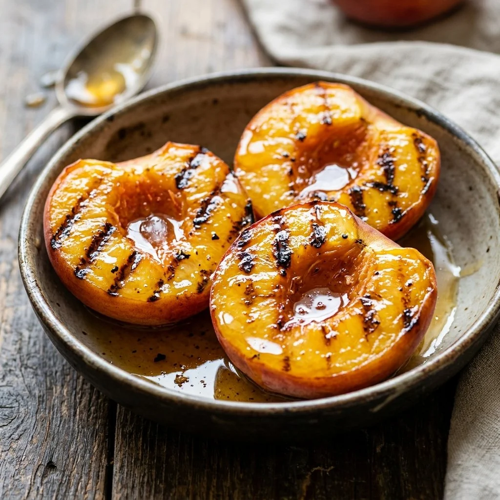 Delicious grilled peaches with honey served on a plate