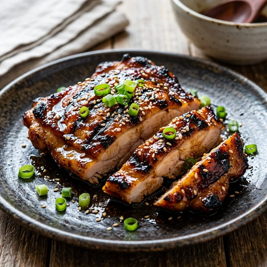 Juicy grilled teriyaki chicken served with vegetables and rice