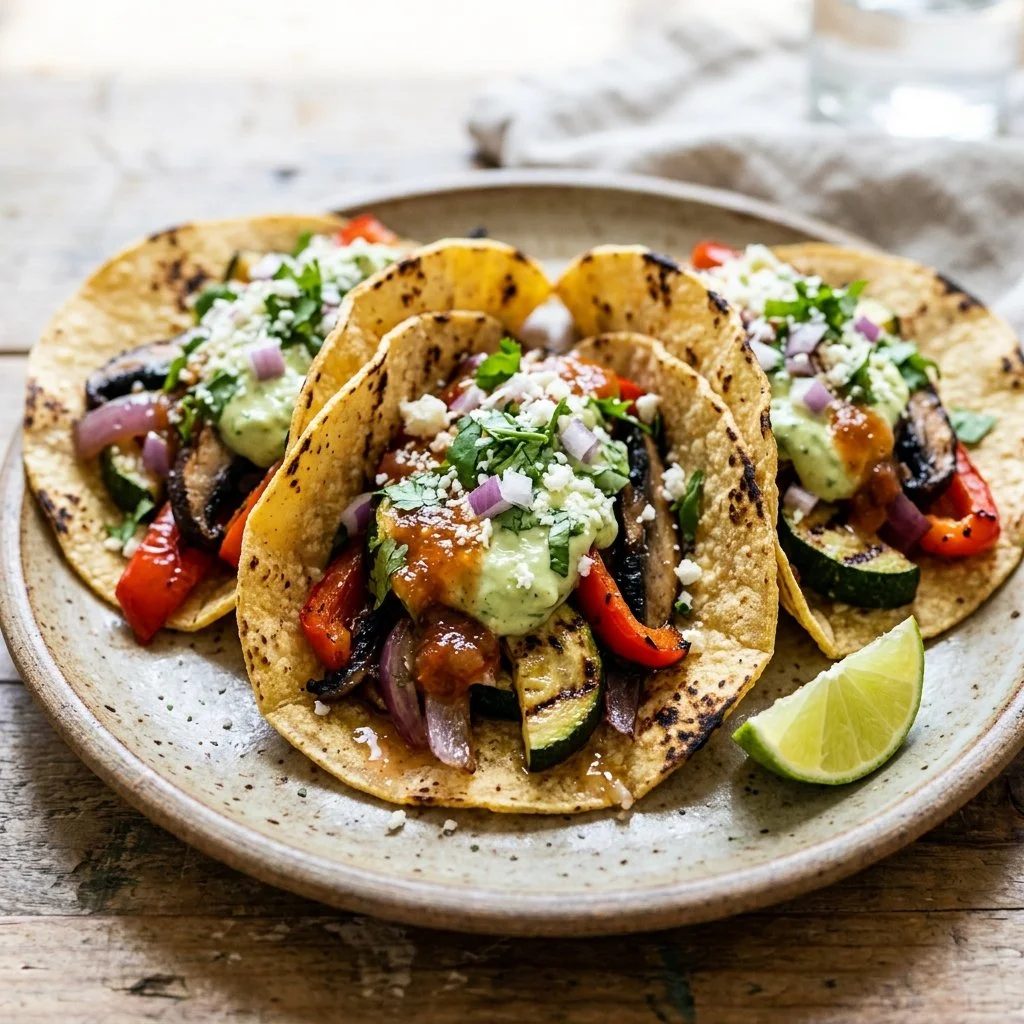 Delicious grilled veggie tacos with fresh vegetables and vibrant toppings