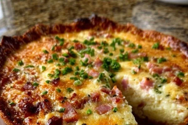 Delicious slice of Ham and Swiss Quiche served on a plate