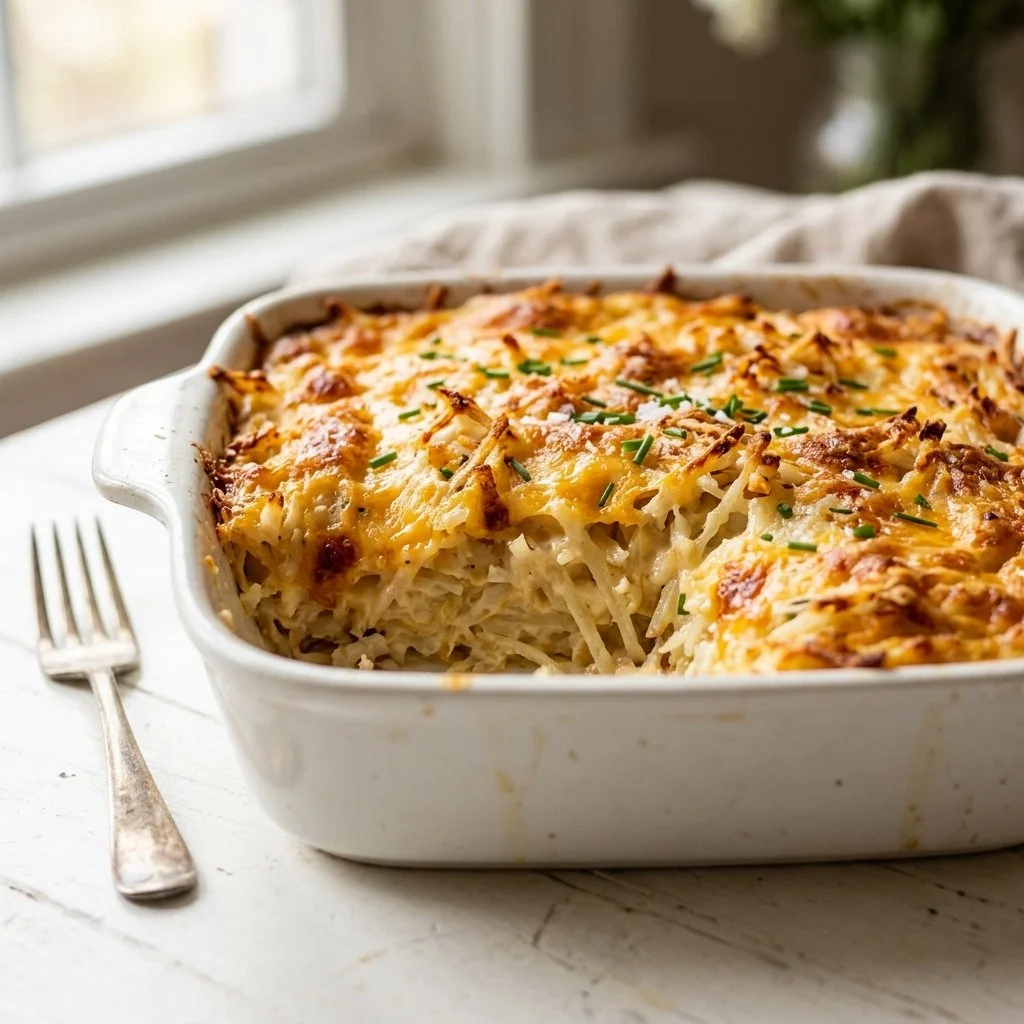 Homemade Hash Brown Casserole topped with cheese and crispy edges