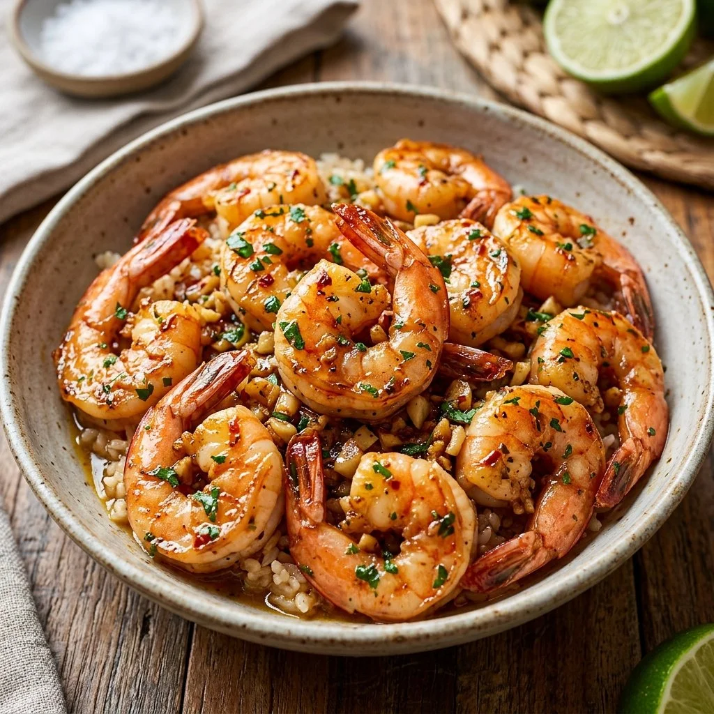 Plate of Hawaiian garlic shrimp garnished with fresh herbs