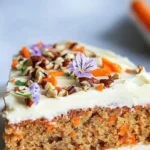 Healthy carrot cake slice topped with cream cheese frosting on a white plate
