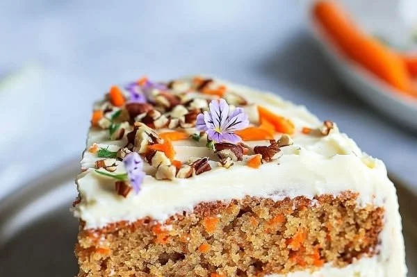 Healthy carrot cake slice topped with cream cheese frosting on a white plate