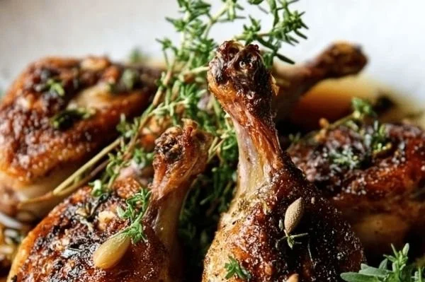 Herbed roasted quail cooked in duck fat, showcasing a golden-brown finish and fresh herbs.