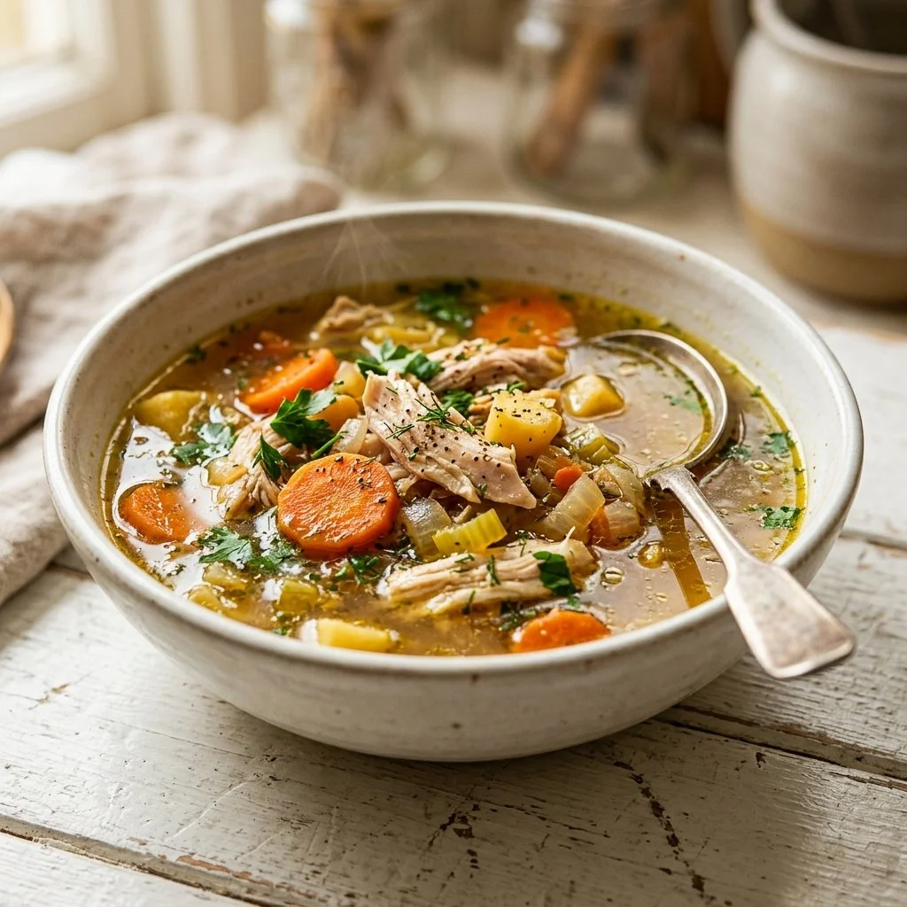 A bowl of homemade chicken broth with fresh herbs and vegetables