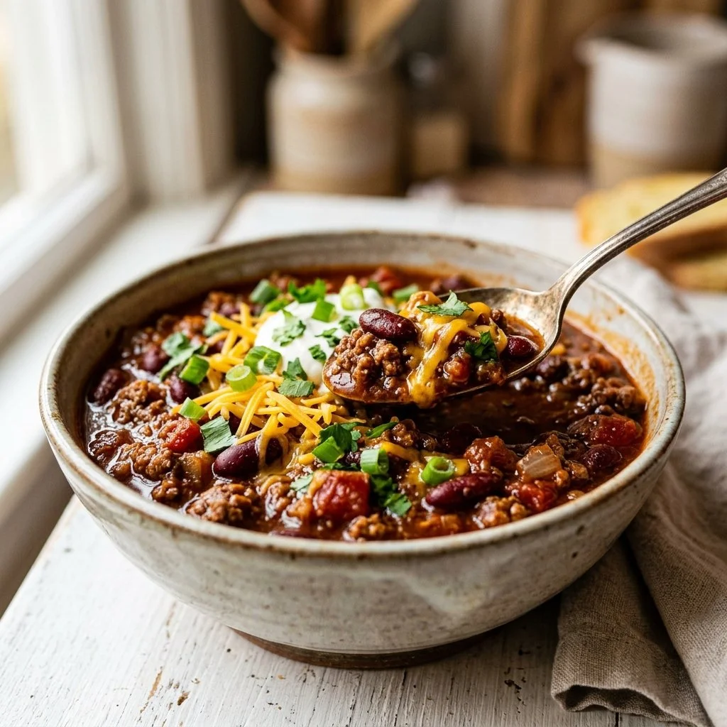Delicious homemade chili served in a bowl with fresh toppings.