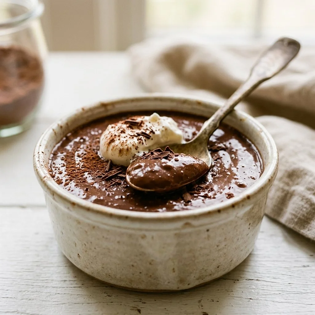 Rich homemade chocolate pudding served in a bowl with a spoon