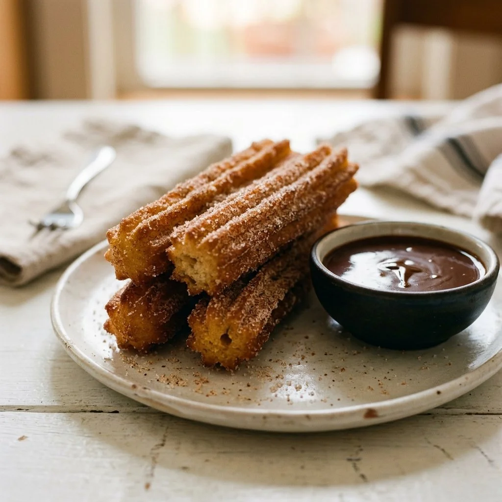 Delicious homemade churros dusted with sugar and served with chocolate sauce.